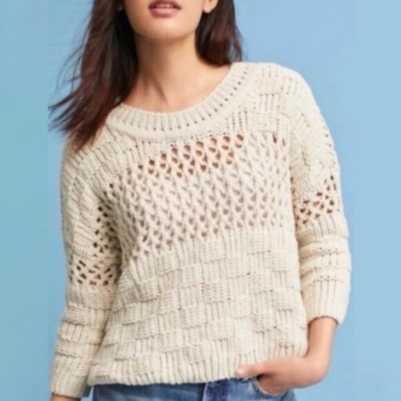 Anthropologie Moth Chenille Wool Pullover Sweater Size Medium Beige Chunky Knit - Picture 6 of 8